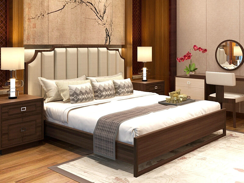中式实木双人床现代简约大小户型卧室轻奢婚床酒店套房家具定制
