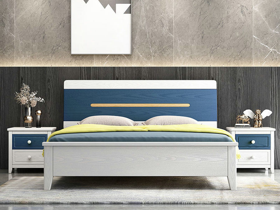 实木床双人床北欧现代简约床蓝白色压纹床