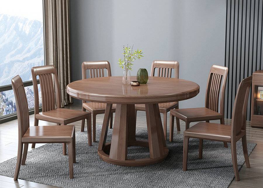 德式全实木餐桌椅组合现代简约胡桃木餐桌小户型餐桌圆形家用饭桌