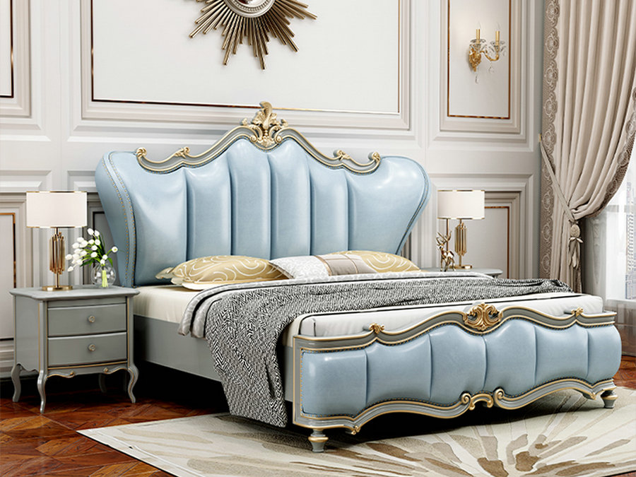 欧式床双人床实木床法式床公主床婚床奢华皮床珠光高级灰