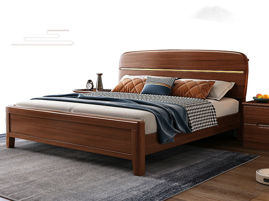 实木床中式家具胡桃木主卧室床现代轻奢简约床1.5米1.8米单双人床