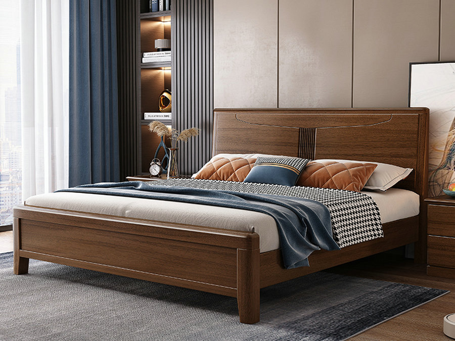 胡桃木中式实木床组合 现代简约卧室套房双人储物1.8米婚床经济型
