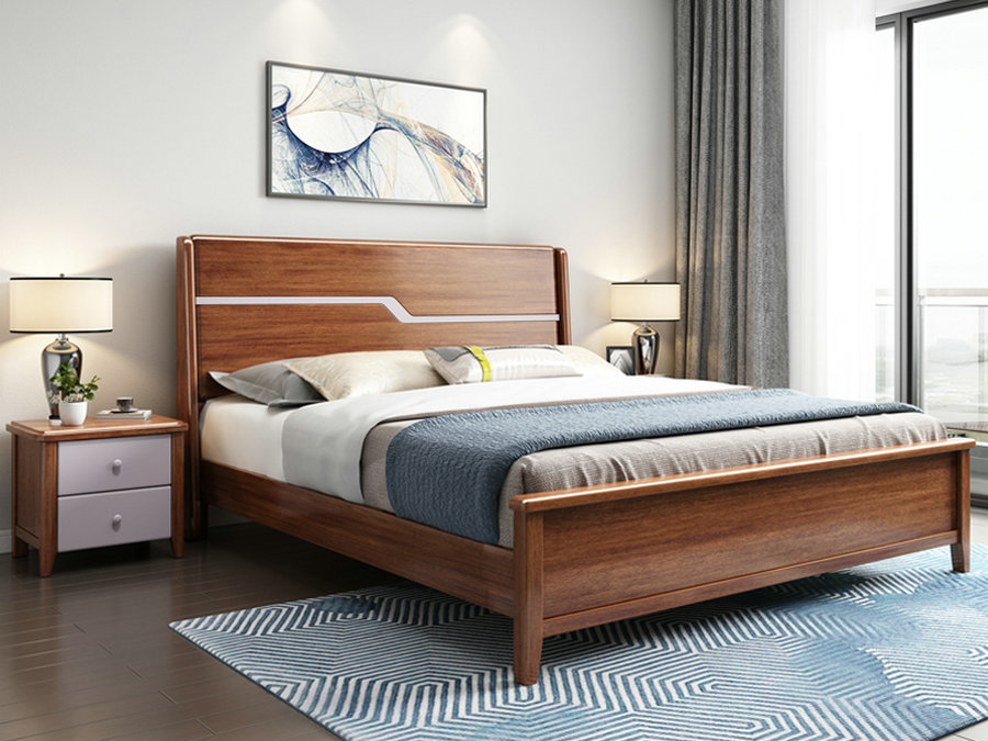 新中式胡桃木实木床1.8米双人床现代简约主卧室高箱婚床轻奢木床