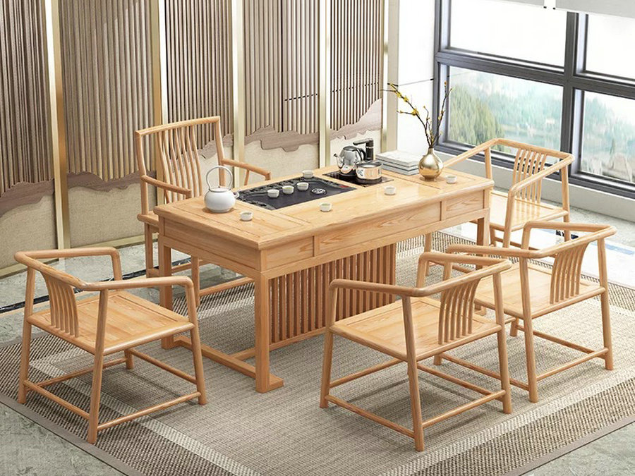 禅意新中式白蜡木茶桌椅现代简易茶几简约茶室实木组合会客茶台