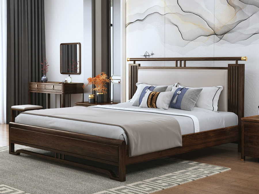 新中式实木床卧室床气压高箱软靠1.8米1.5米双人床酒店别墅家具