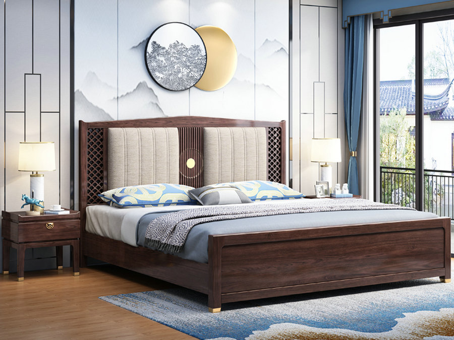 极简新中式实木床1.8m米现代简约轻奢主卧室棉麻软包雕花双人大床