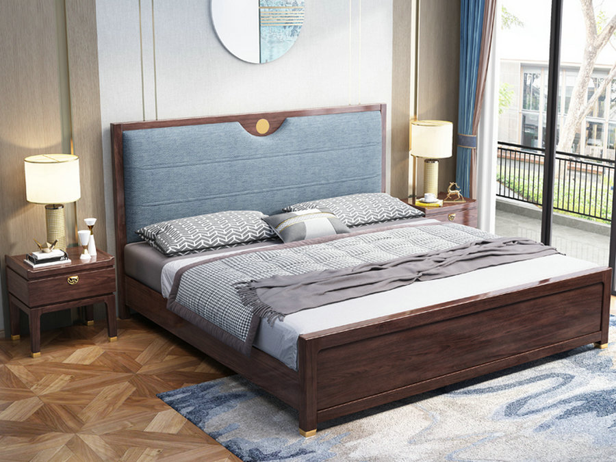 新中式实木床现代简约轻奢主卧室双人床1.8米m高箱储物棉麻软靠包