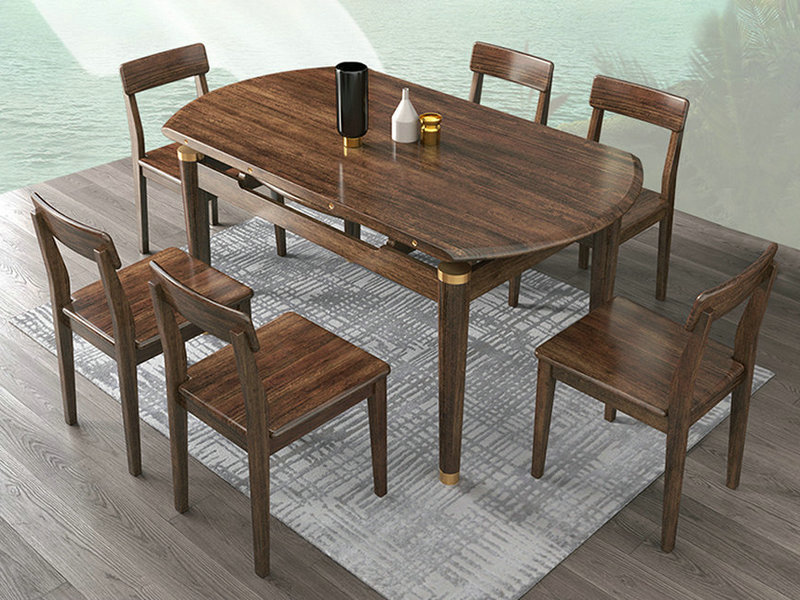 全实木餐桌椅组合现代简约胡桃木餐桌小户型伸缩折叠圆形六人饭桌