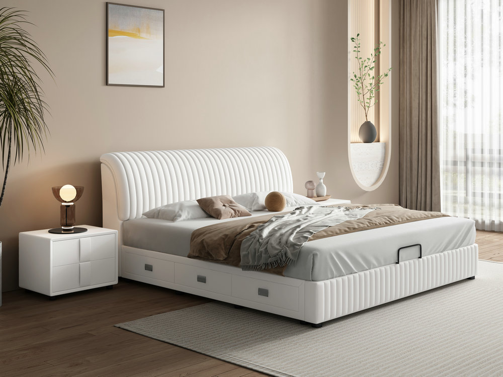 北欧免洗科技布床现代简约轻奢小户型主卧布艺软包储物实木双人床