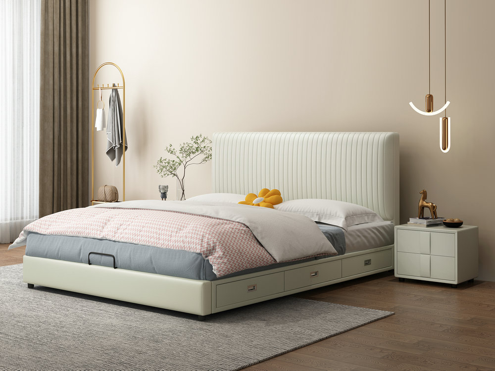 北欧免洗科技布床现代简约轻奢小户型主卧布艺软包储物实木双人床