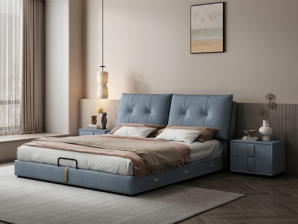 科技布床北欧主卧双人简约现代婚床软包1.8米实木轻奢网红布艺床