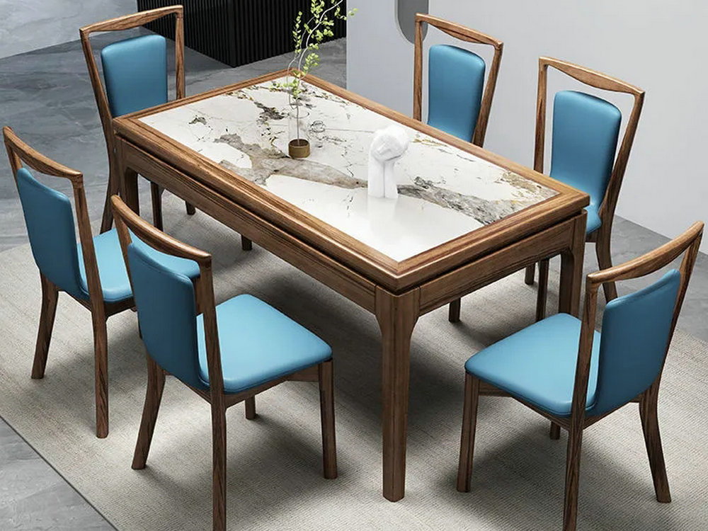 乌金木实木岩板餐桌椅子组合长方形小户型家用西餐桌轻奢风饭桌