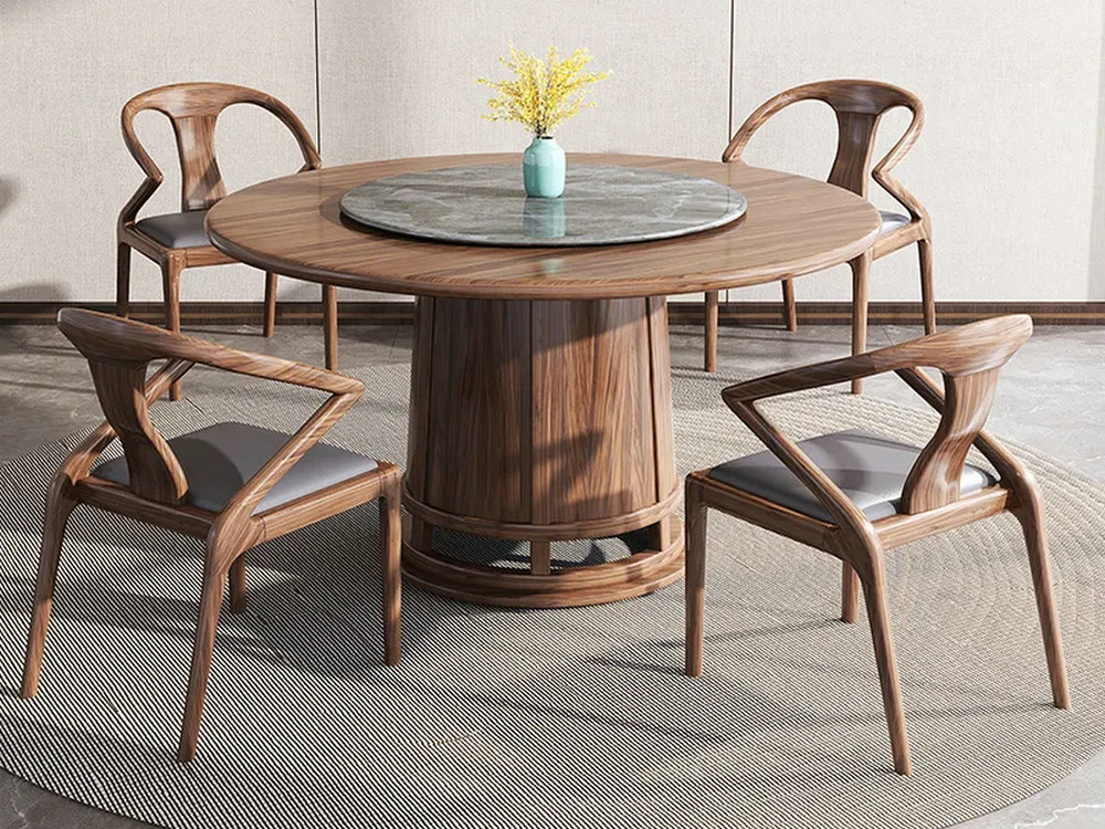 乌金木实木餐桌椅子组合圆桌家用圆形带转盘岩板大圆桌现代简约