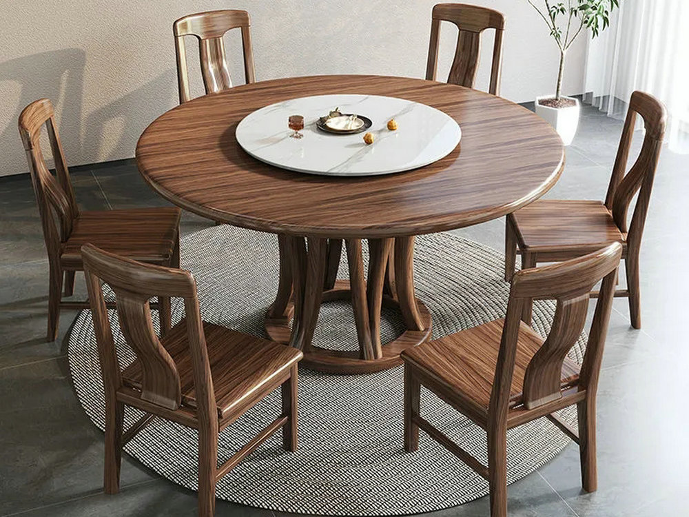 实木餐桌椅组合家用圆桌吃饭桌子圆形饭桌带转盘圆桌乌金木圆餐桌