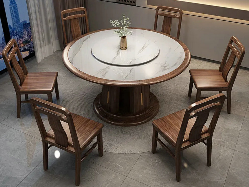 全实木乌金木岩板餐桌椅组合实木餐桌带转盘圆桌家用饭桌吃饭桌子