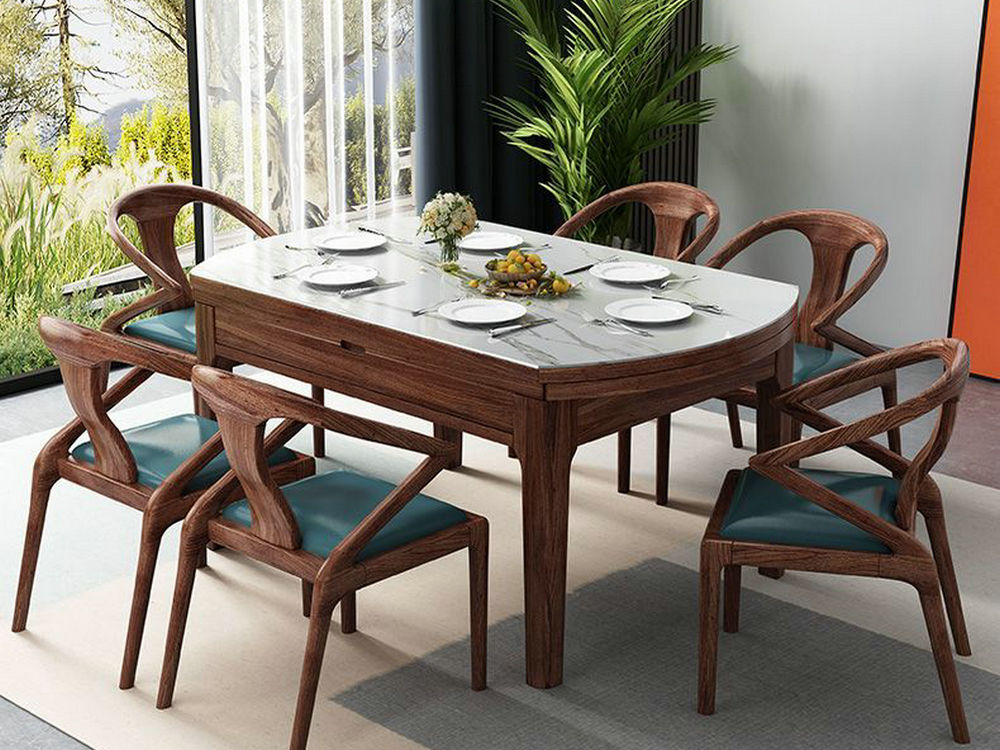 实木餐桌家用乌金木圆形餐台伸缩现代简约轻奢折叠岩板饭桌组合