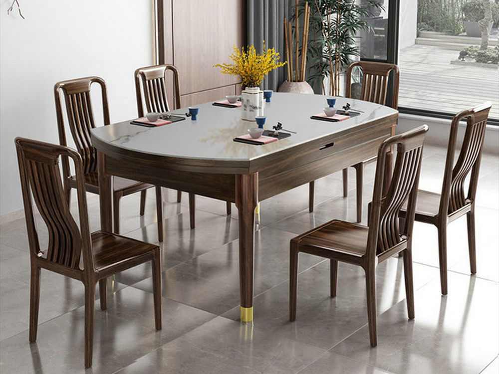 乌金木全实木餐桌椅组合伸缩折叠新中式家用小户型吃饭桌子可变圆