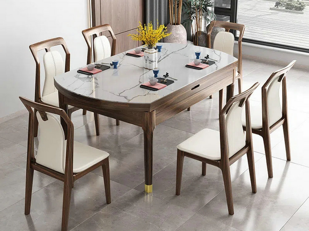 新中式乌金木餐桌全实木岩板餐桌组合家用小户型方圆两用伸缩饭桌