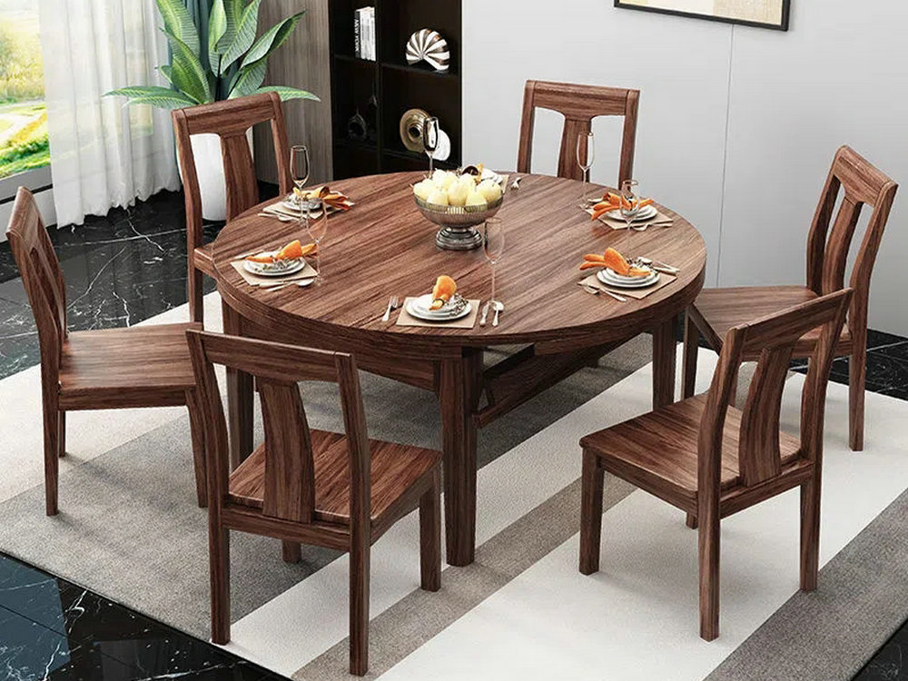 新中式乌金木餐桌全实木岩板餐桌组合家用小户型方圆两用伸缩饭桌