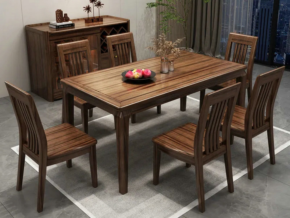 新中式轻奢岩板乌金木实木餐桌椅组合长方形小户型家用西餐厅饭桌
