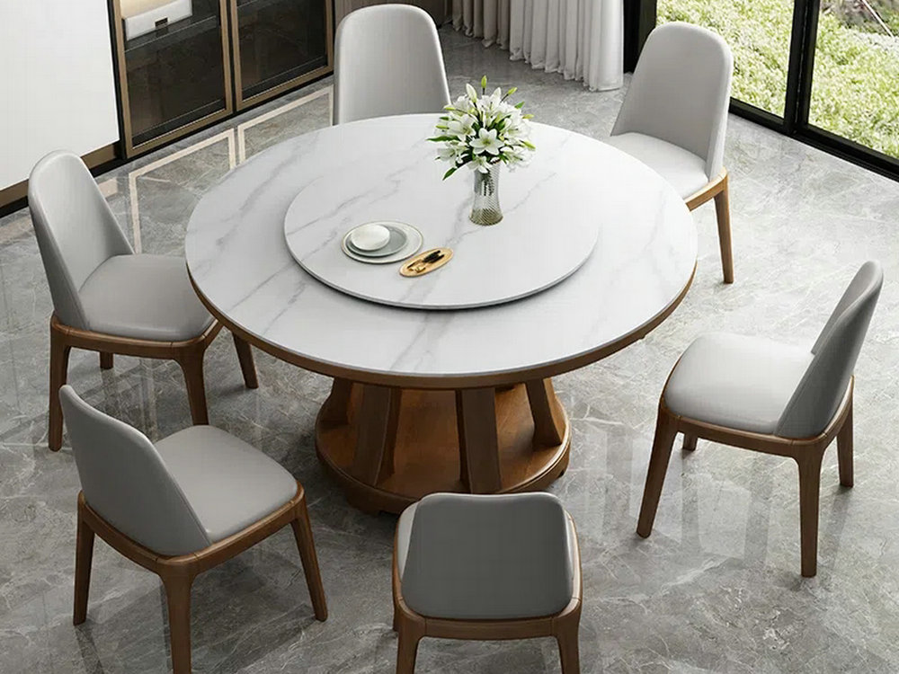 北欧岩板餐桌椅组合圆形现代简约圆桌带转盘电磁炉实木家用饭桌子