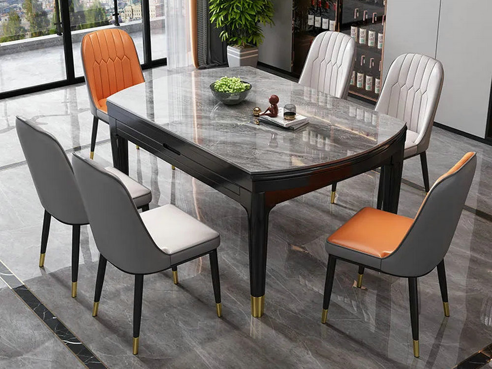 岩板餐桌带铜脚电磁炉餐桌椅组合现代简约家用小户型可伸缩实木桌