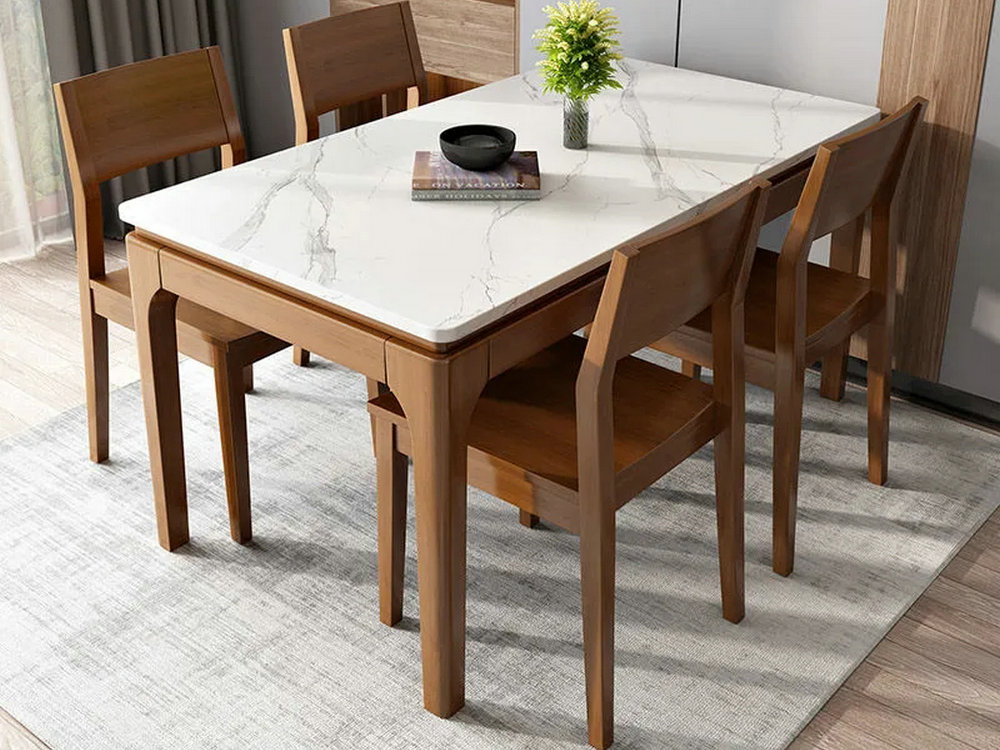 岩板餐桌椅组合长方形实木餐桌4人6人饭桌2021款歺桌胡桃木色家具
