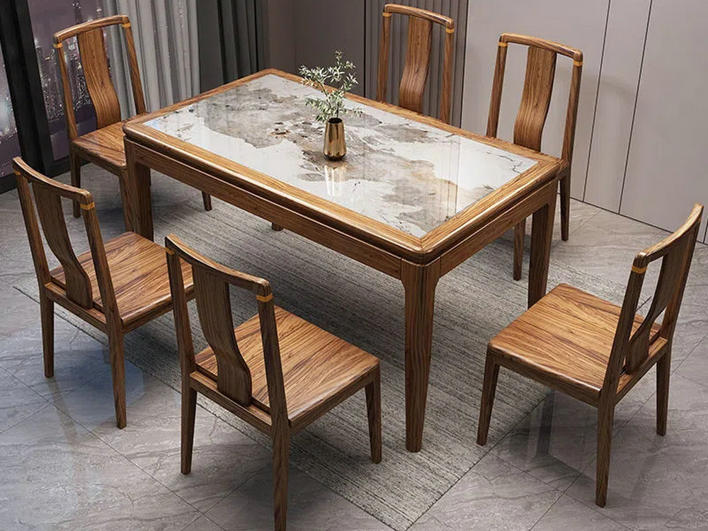 新中式乌金木岩板西餐桌椅子组合全实木轻奢吃饭长方形方桌子家用