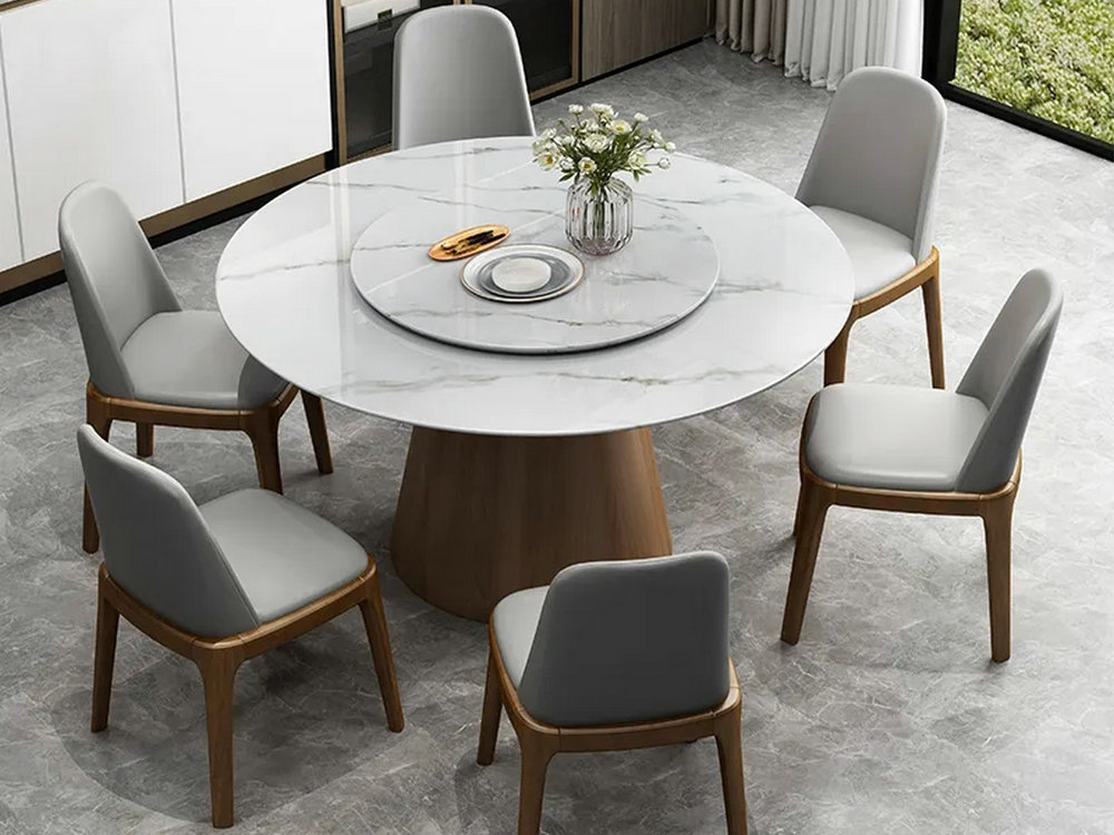 岩板餐桌椅组合现代简约圆形桌带转盘北欧小户型实木电磁炉款饭桌