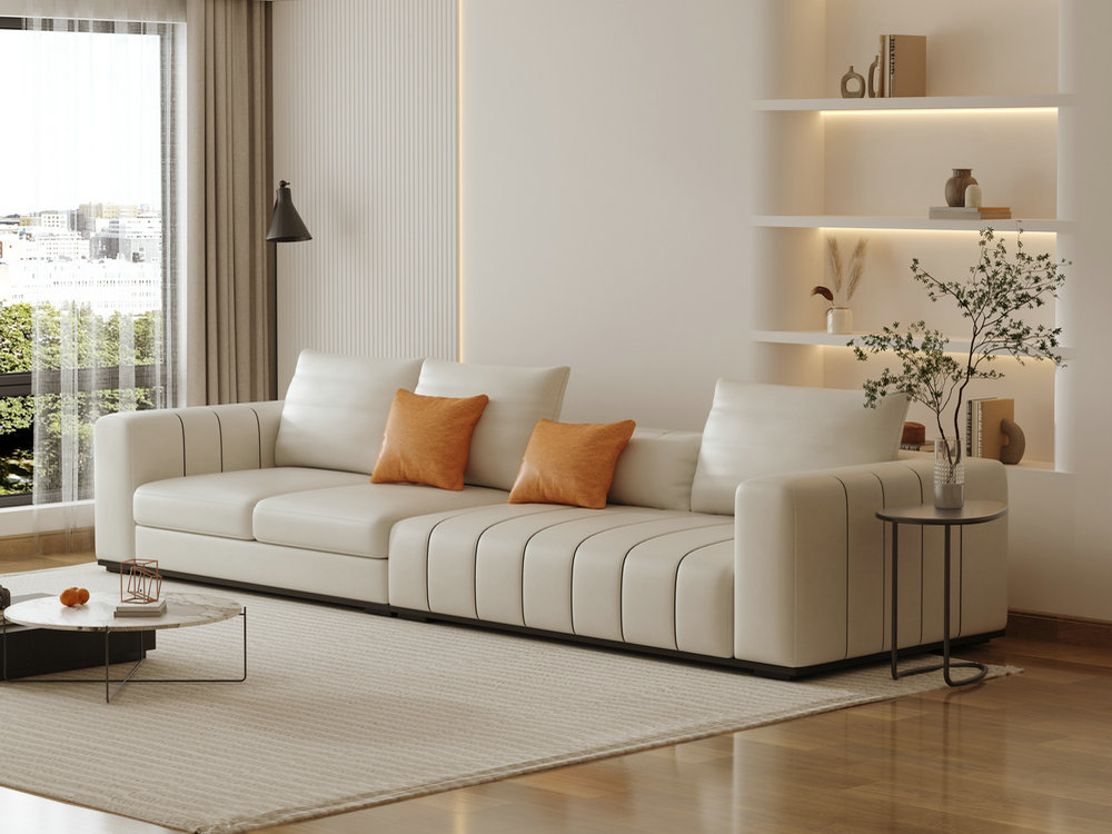 轻奢钢琴键沙发客厅现代简约北欧四人位直排科技布布艺奶油系新款